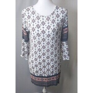 Urban Girl Bohemian Medallion Pattern Shift Dress 3/4 Bell Sleeve Size Small